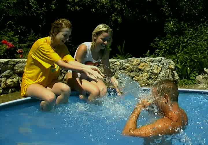 Three teen girls get real nasty and slutty in the swimming pool with an  older man